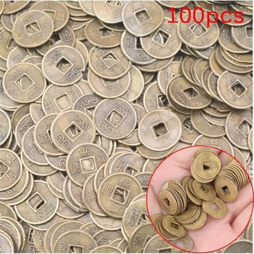 100Pcs Chinese Ancient Feng Shui Lucky Coin Dragon and Phoenix Antique Wealth Money Good Fortune Home Car Decor 10mm