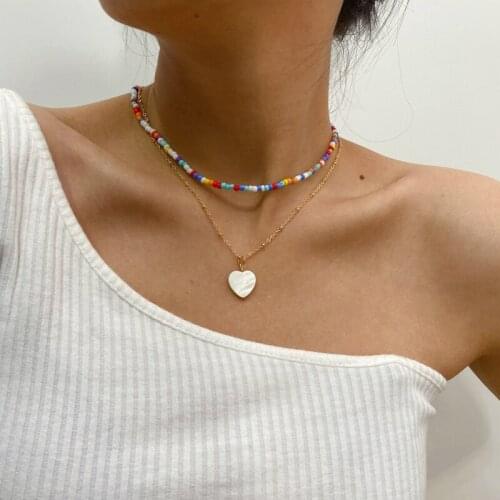 2Pcs Bohemian Rainbow Beaded Choker Necklace for Women Fashion Sstatement Imitation Pearl Love Heart Pendant Necklaces Jewelry