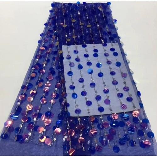 5yards/pc) beautiful African net lace fabric royal blue French lace fabric with beads and big round sequins for party FZZ752