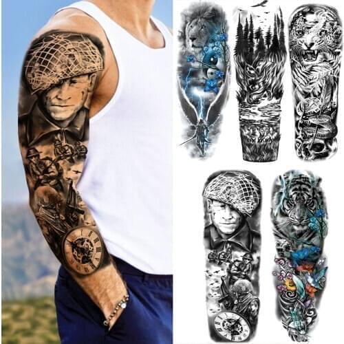Army Soldier Compass Temporary Tattoos Sleeve For Men Adult Leopard Snake Forest Bird Fake Tattoo Sticker Big Flower Lion Tatoos