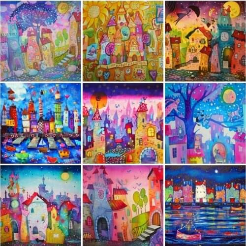 AZQSD Diamond Painting Abstract House Handmade Diamond Embroidery Cartoon Mosaic Building Picture Of Rhinestones Home Decor