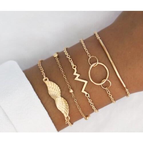 5 Pcs/Set Fashion Bracelets Wings Geometry V Beaded Chain Gold Bracelet Set Women Bangle Bohemian Vintage Jewelry Accessories