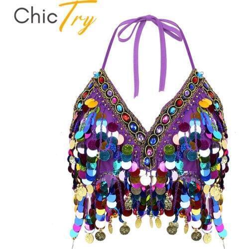 ChicTry Women Shiny Beaded Tassels Halter Tie Up Padded Bra Chiffon Salsa Belly Dance Costume Club Carnival Rave Sexy Crop Top