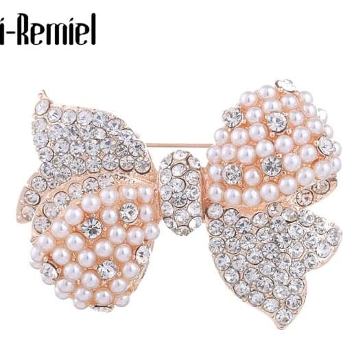 Korean Rhinestone Pearl Bowknot Brooches for Women Crystal Elegant Corsage Wedding Party Brooch Jewelry Clothes Accessories