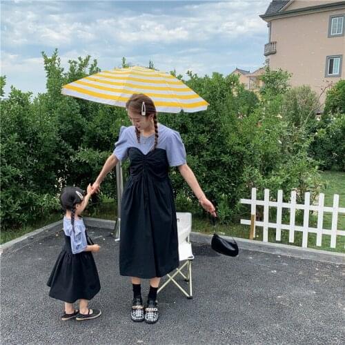 Summer New Mother And Daughter Dress Family Matching Clothes Korean Patchwork Drawstring Dress For Mother And Girls Family Look