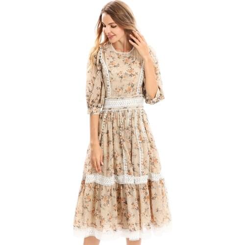 Hot Selling Designer dress Summer Womens Dress Lantern sleeve Lace Floral print Vintage Party Midi Dress Holiday Dress 210621Z0