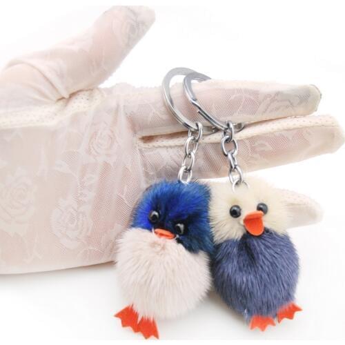 Cute Genuine Mink Fur Pompom Duck Keychain Women Fluffy Pompon Chick Key chain Holder Pom Pom Toy Doll Keyring Bag Charm Trinket