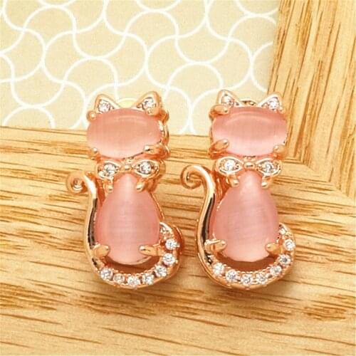 Fashion Jewelry Fashion Pink Crystal Gem Pendant Cat Earrings Female Rose Gold Ear Jewelry Earrings Stud
