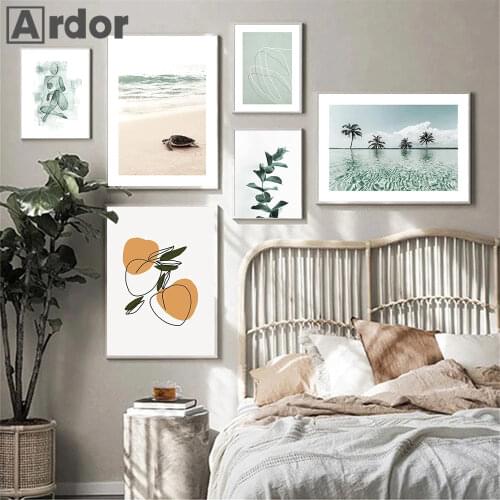 Nordic Sea Beach Leaf Wall Art Poster Summer Landscape Art Print Abstract Figure Peach Line Drawing Canvas Painting Home Decor