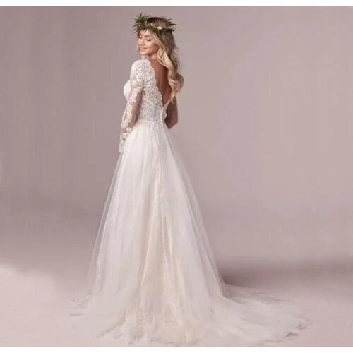 A Line Long Sleeve Bridal Wedding Dress Tulle Lace Appliques Vestido De Novia Backless свадебное платье Plus Size