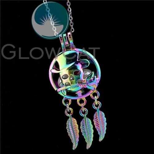 R-C926 Rainbow True Love Skull Rose Dreamcatcher Beads Cage Pendant Perfume Aroma Pearl Cage Locket Necklace
