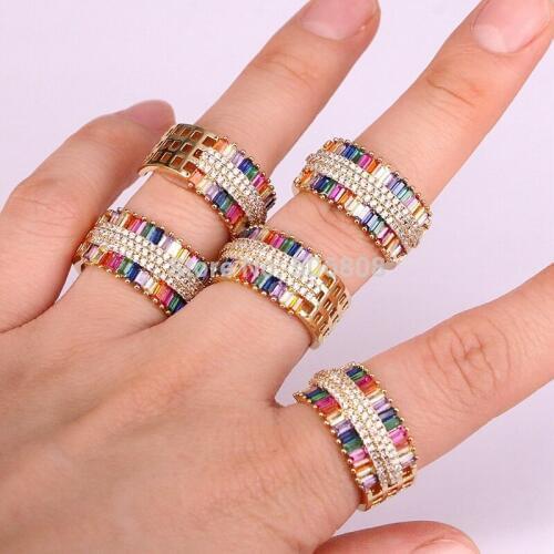 ZYZ-R0052 Gold filled fashion rainbow bar adjustable rings square baguette cz engagement ring for women colorful jewelry