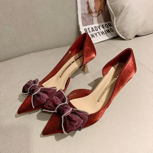 Red Butterfly Wedding Bridal Shoes Woman Pumps Elegant Pointed Toe High Quality Silk Office Lady Shoes Summer High heels Sandals