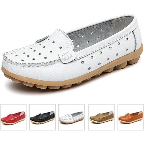 Genuine Leather Hollow Breathable Woman Shoes Cut-Outs Summer Flats Shoe New Slip-On Female Loafers Platform Shoes Woman