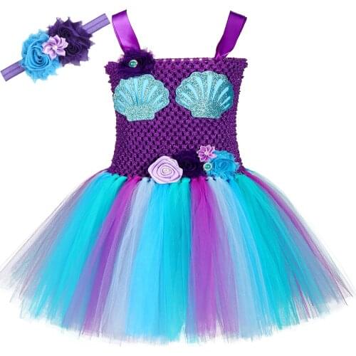 Girls Mermaid Tutu Dress with Headband Shell Under The Sea Girl Birthday Party Dress for Kids Princess Mermaid Costume Outfit