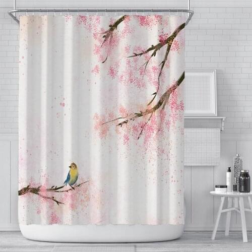 3D Cherry Blossom Peach Blossoms Shower Curtain White Background Girl Bathroom Waterproof Polyester Cloth Screen With Hook Set