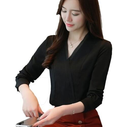 Spring fashion sexy soft chiffon shirt 2019 new design v-neck lady long sleeve blouse white/black