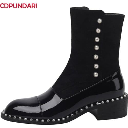 Ladies Black Med Heels Genuine Leather Ankle Boots Women Autumn Winter Rivet Punk Chelsea Short Boots Shoes Bottine Femme