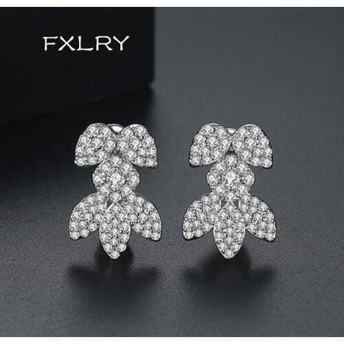 FXLRY Elegant White Color micro-inlaid zircon Leaf & Flower Stud Earrings for Women Wedding Fashion Jewelry