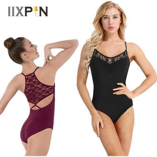 IIXPIN Women Ballet Leotard Gymnastics Spaghetti Straps Lace Floral Criss Cross Built In Shelf Bra Bodysuit Ballet Dance wear