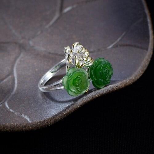 925 Sterling Silver Ring With Stone Jasper Rose Flower For Women Jewelry Fine Romantic Adjustable Ring Fashion Gift Female