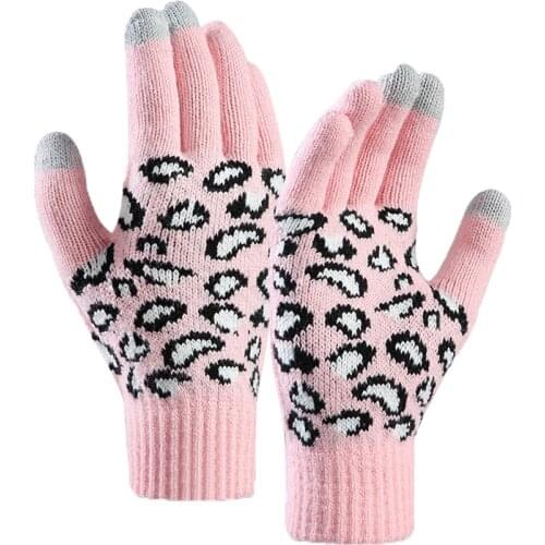 Winter Women Warm Jacquard Stretch Knit Sport Cycling Glove Leopard Full Finger Plus Plush Thick Touch Screen Driving Mitten I95