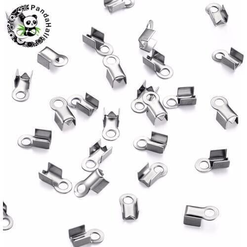 304 Stainless Steel Fold Over Crimp Cord Ends, Stainless Steel Color, 8x4x4mm, Hole: 2mm and 3x5mm