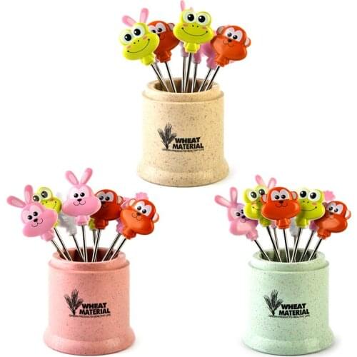 8 PCS/Set Wheat Mini Fruit Fork Set Stainless Steel Cartoon Animal Sign Pick Flatware For Kids Party Decoration Accessories