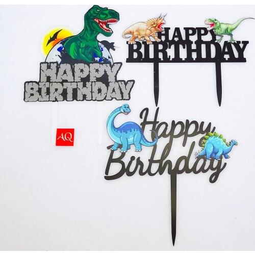 5 Pcs Acrylic Happy Birthday Dinosaur Theme Kids Cake Toppers With Sticks Baby Shower Birthday Party Cake Decorations