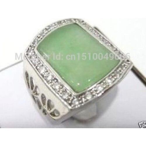 FREE SHIP >>Hollow Carved Green jade White Crystal Silver Womens Thumb Wide Rings