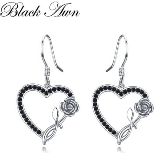 Black Awn 2020 New 100% 925 Sterling Silver Earring Heart Black Spinel Flower Drop Earrings for Women Fine Jewelry I154