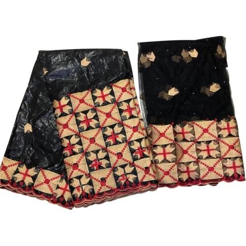 Black Gold Tissues African Bazin Brode Embroidered Fabric With Stones High Quality Tulle Lace Sewing Materials 5+2 yards/lot