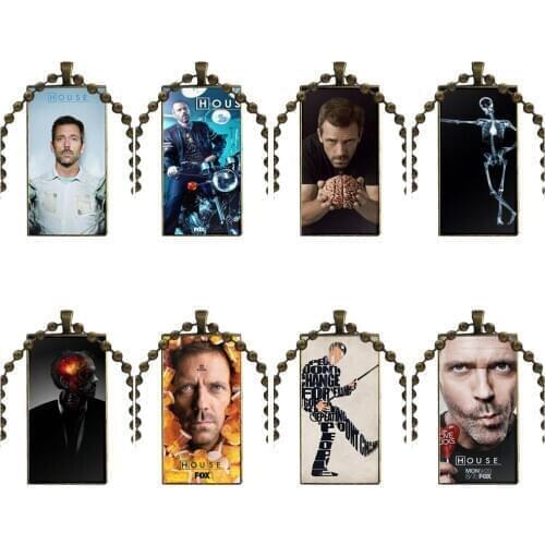 For Girls Dr House Hugh Laurie Pills Printed Bronze Color Glass Cabochon With Rectangle Shaped Pendant Choker Necklace