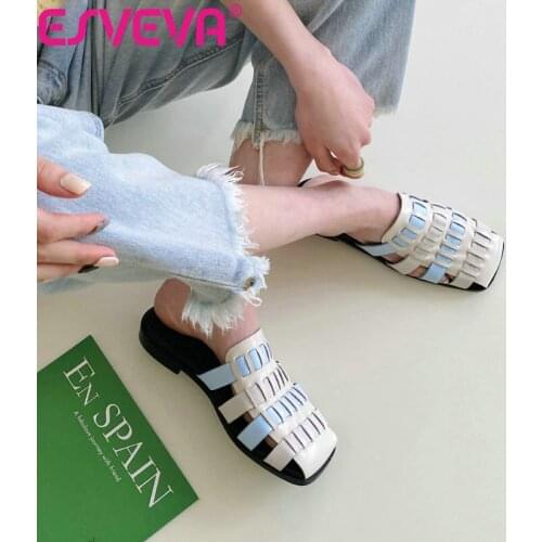 ESVEVA 2021 Square Heel Summer Sandals Mixed Color Genuine Leather Elegant Female Slides Cut Outs Basic Women Shoes Size 34-39