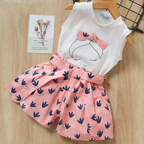 Girls Clothes Set 2021 New Summer Sleeveless T-shirt and Print Bow Shorts for Girl Kids Clothes Children Clothing 3 5 7 Years
