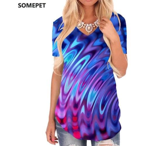 SOMEPET Dizziness T-shirt women Water Tshirts Printed Colorful Shirt Print Abstract V-neck Tshirt Womens Clothing Summer Loose