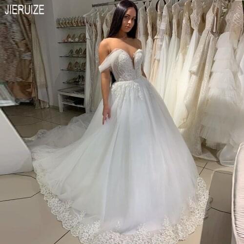 JIERUIZ Chic White Tulle Wedding Dresses Sheer Neck Off The Shoulder Lace Appliques Wedding Gowns vestido de noiva Custom Made