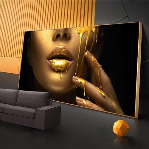 Large Size Sexy Woman with Golden Lips Oil Paintings on Canvas Modern Wall Art Posters and Prints Home Room Decorative Pictures