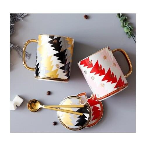 Creative ceramic couple cup cold water cup Chinese festival cup afternoon tea coffee with milk and covered spoon household drink