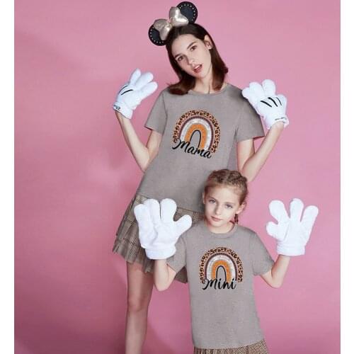 2021 Summer Parent-Child Cotton Solid Color Short-Sleeved T-Shirt for Moms and Kids Fashion Casual Leopard Print Casual Shirt