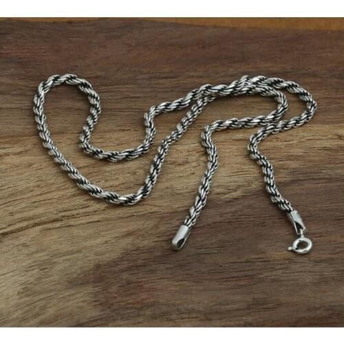 Solid Silver 925 String Weave Twisted Rope Necklace Men Real Silver 925 Necklace Choker Fashion Men Jewelry, Dia 3mm 50cm/60cm