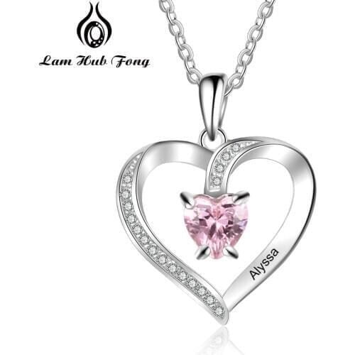 Personalized Name Necklace Custom Birthstone Necklace Heart CZ Stone Charm Necklace for Women DIY Womens Gift (Lam Hub Fong)