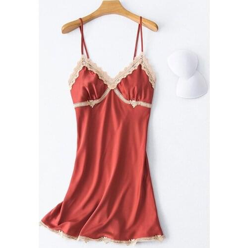 Silk Nightgowns Womens Satin Sleepwear Lace Night Dress Padded Sexy Lingerie Female Negligee Hot Erotic Homewear Elegant V-Neck