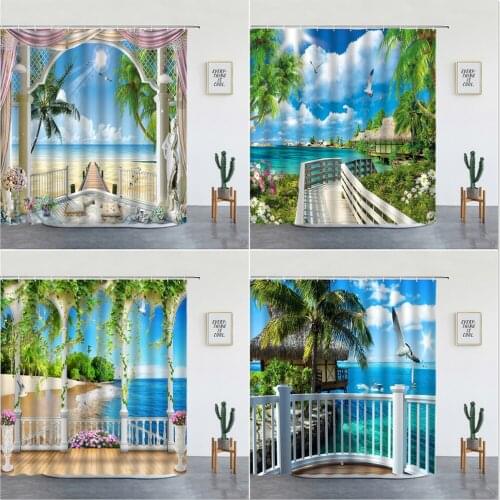 Ocean Beach Natural Scenery Shower Curtains Flowers Palm Tree Mediterranean Landscape Bathroom Decor Bathtub Screen With Hooks