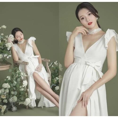 Sexy White Maternity Dresses For Baby Shower Maxi Gown Photo Prop Split Front Pregnant Women Pregnancy Photography Shoot Dress