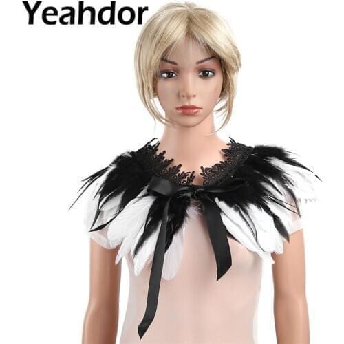 Womens Adults Fashion Iridescent Rooster Hackle Natural Feather Cape Stole Shawl Collar with Ribbon Ties for Costume Decoration
