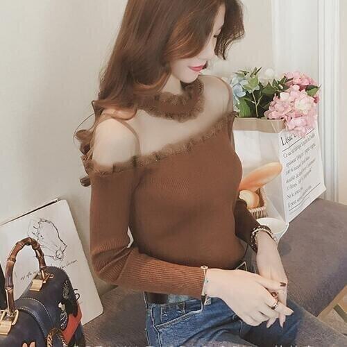 Women Fashion Student Knitted Shirt Lace Off Shoulder Pullovers Round Neck Cosy Tops Slim Hollow Long Sleeve Blouse