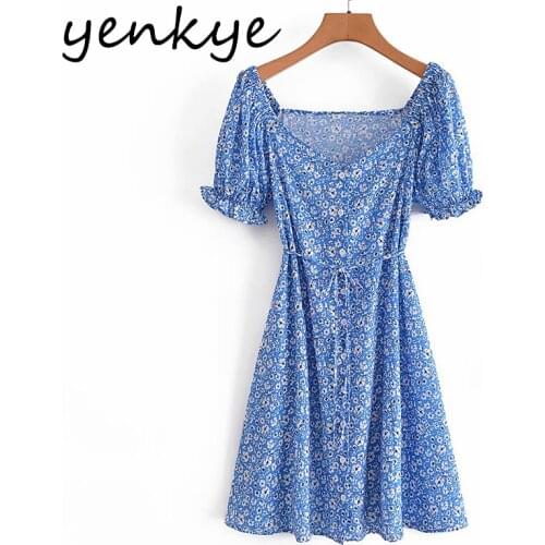YENKYE Summer Women Blue Floral Print Dress Female Sexy V Neck Short Sleeve Sashes A-line Casual Dress Short Vestido