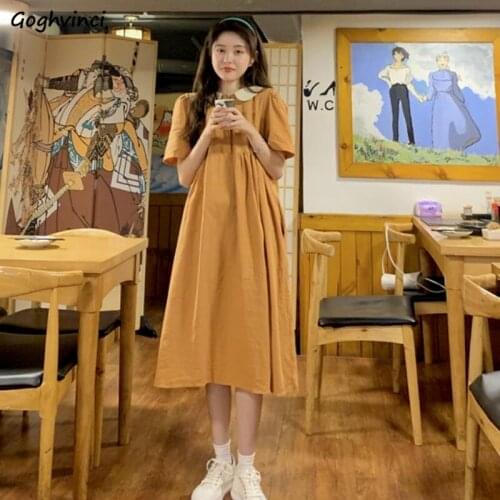 Short Sleeve Dress Women Peter Pan Collar Summer Student 2021 Elegant Simple Solid Leisure Korean Style Lovely Female Mid-calf