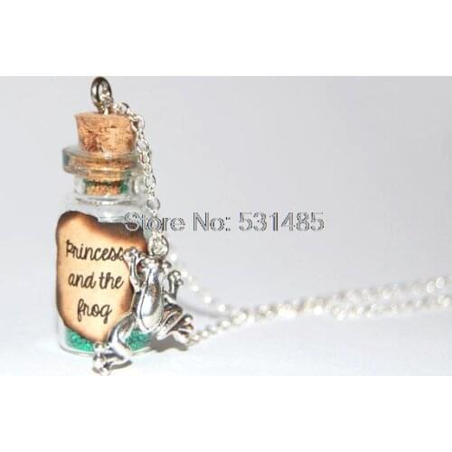 12pcs/lot Princess And The Frog Handmade Glass Bottle Necklace prince and the frog message silver necklace